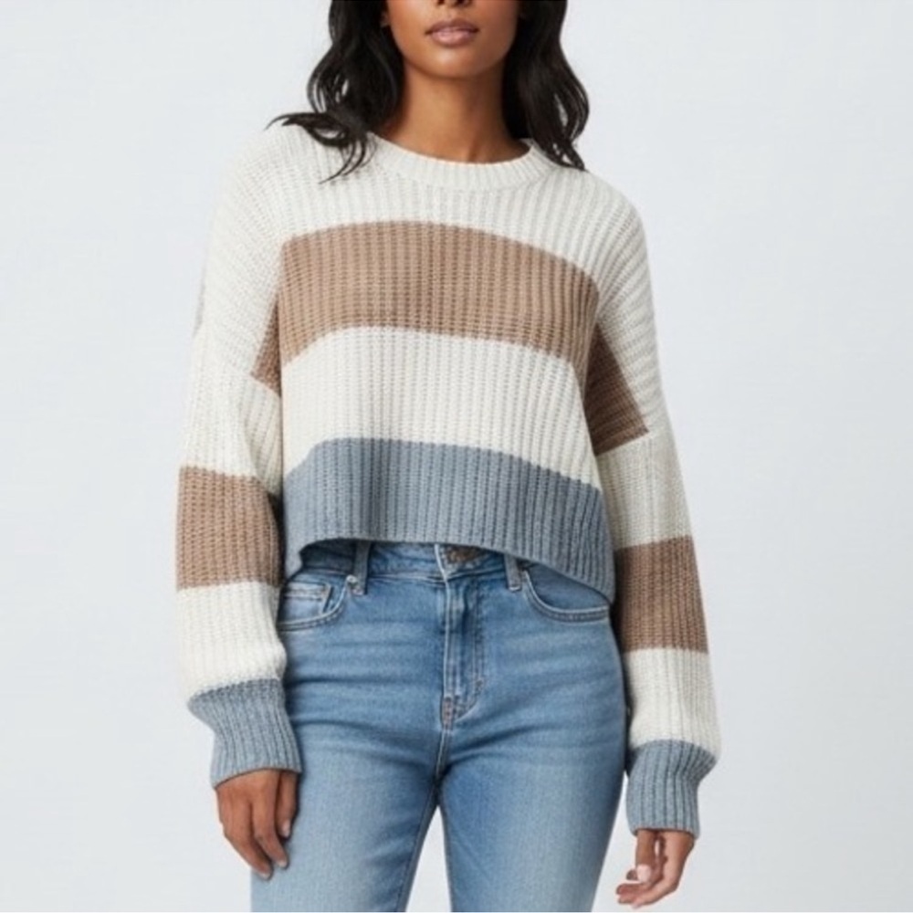 Moon & Madison Striped Crewneck Sweater - Cream, Tan, and Gray